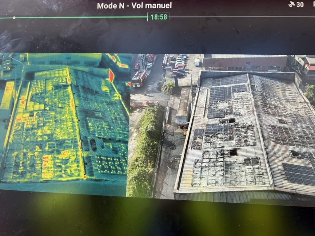Inspection drone thermique après incendie — vue IR et visible